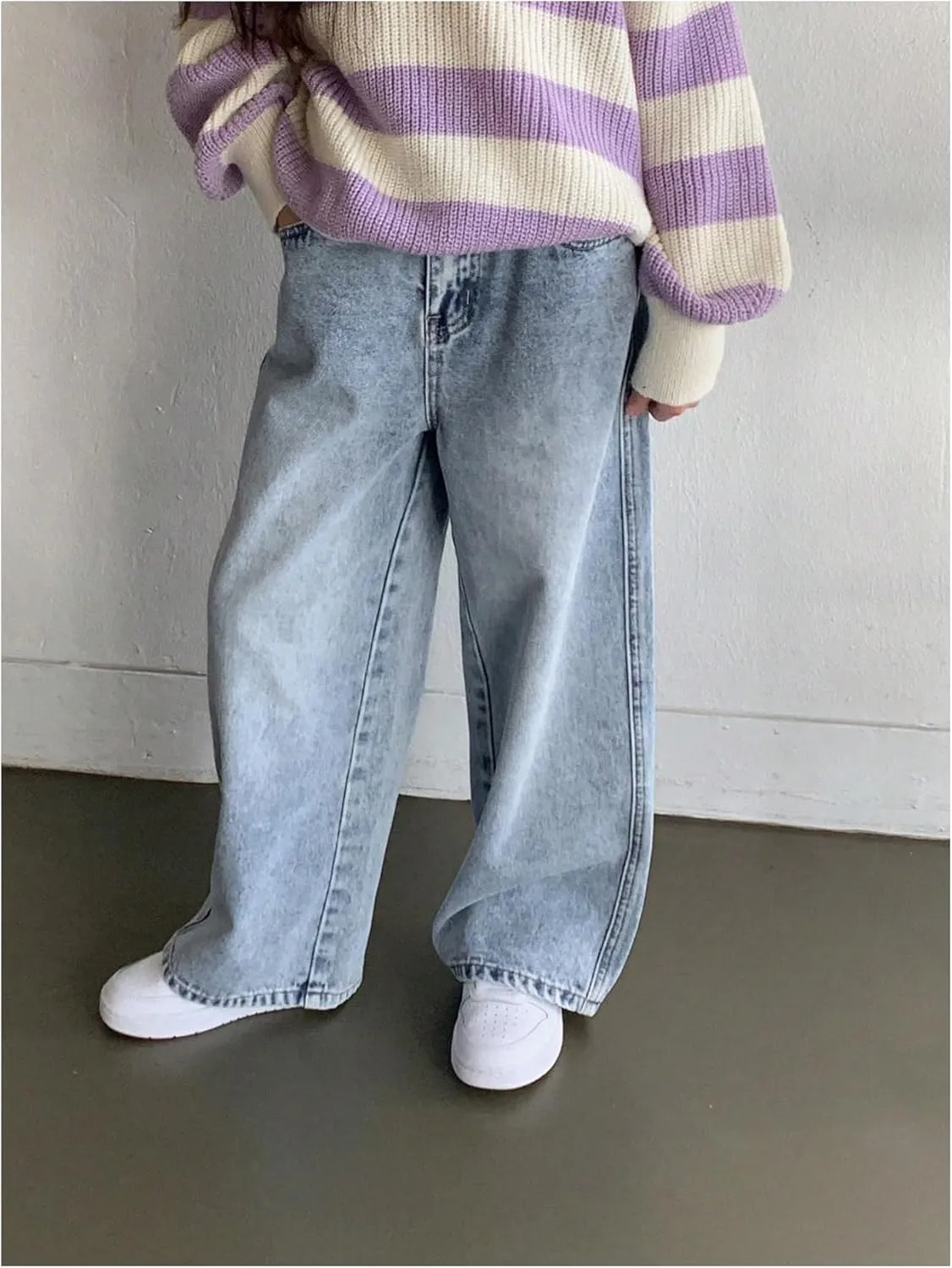 WDIRARA Girl's Bow Print Back Zipper Fly Elastic High Waist Denim Pants Basic Wide Leg Jeans