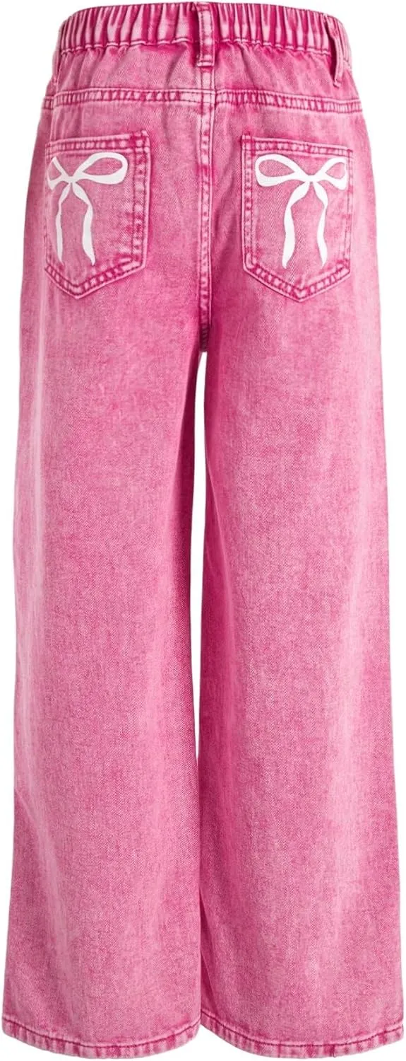 WDIRARA Girl's Bow Print Back Zipper Fly Elastic High Waist Denim Pants Basic Wide Leg Jeans