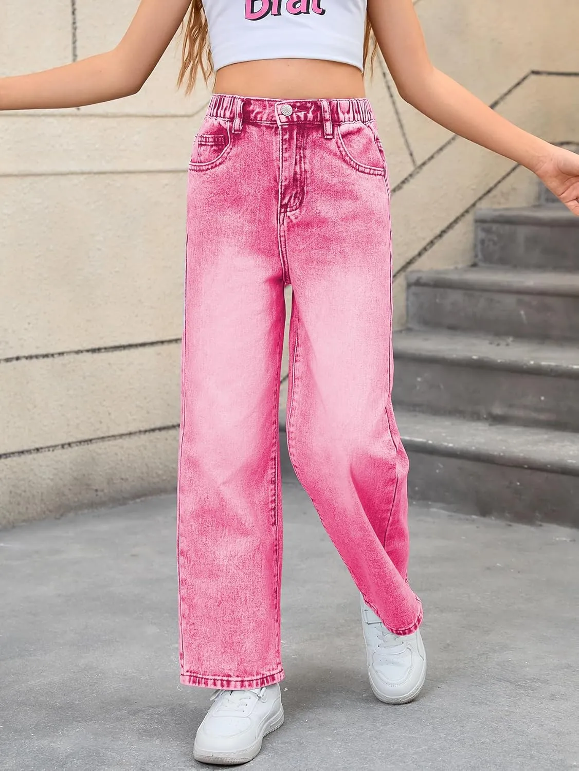 WDIRARA Girl's Bow Print Back Zipper Fly Elastic High Waist Denim Pants Basic Wide Leg Jeans