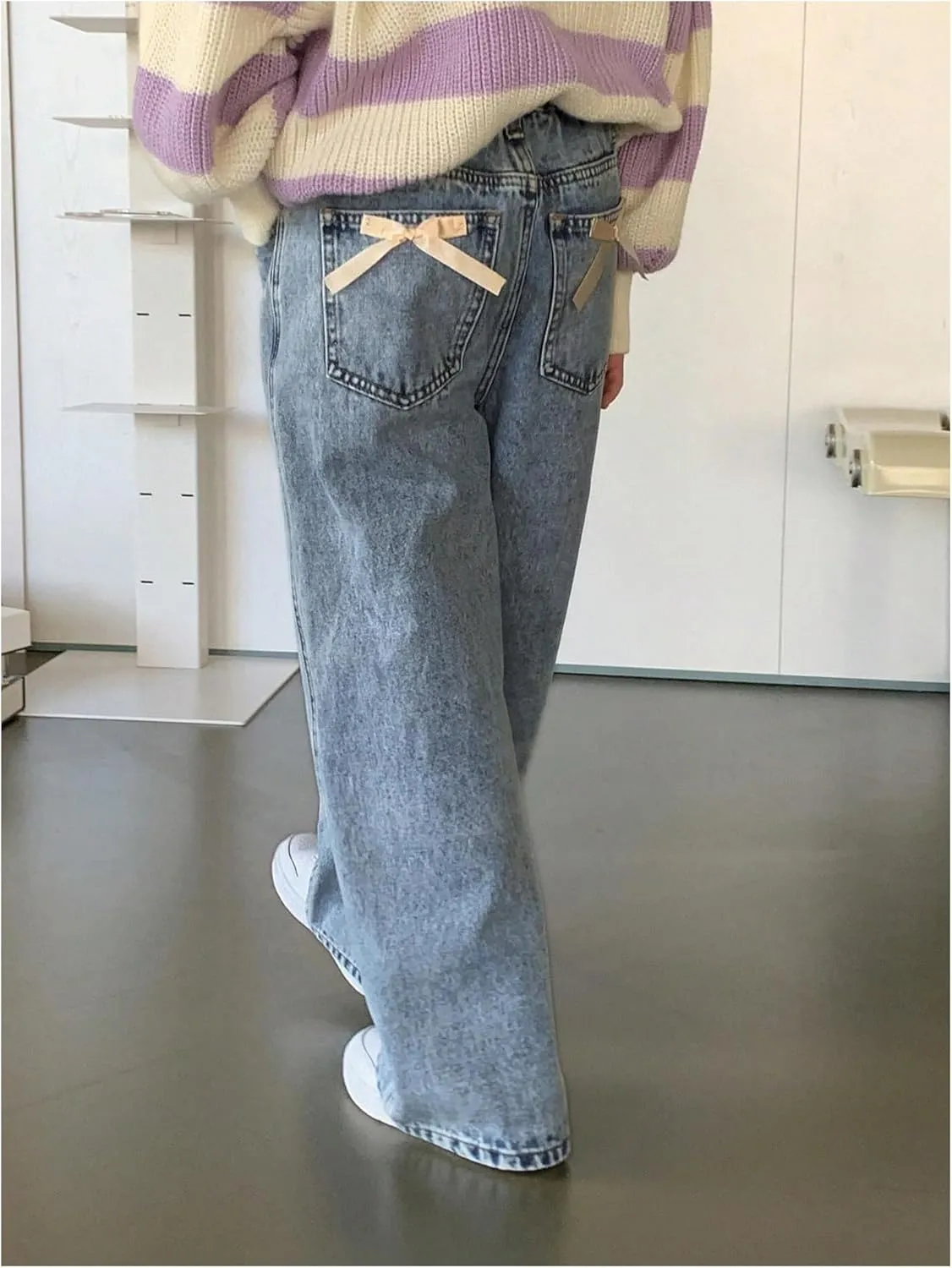 WDIRARA Girl's Bow Print Back Zipper Fly Elastic High Waist Denim Pants Basic Wide Leg Jeans