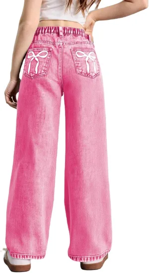 WDIRARA Girl's Bow Print Back Zipper Fly Elastic High Waist Denim Pants Basic Wide Leg Jeans