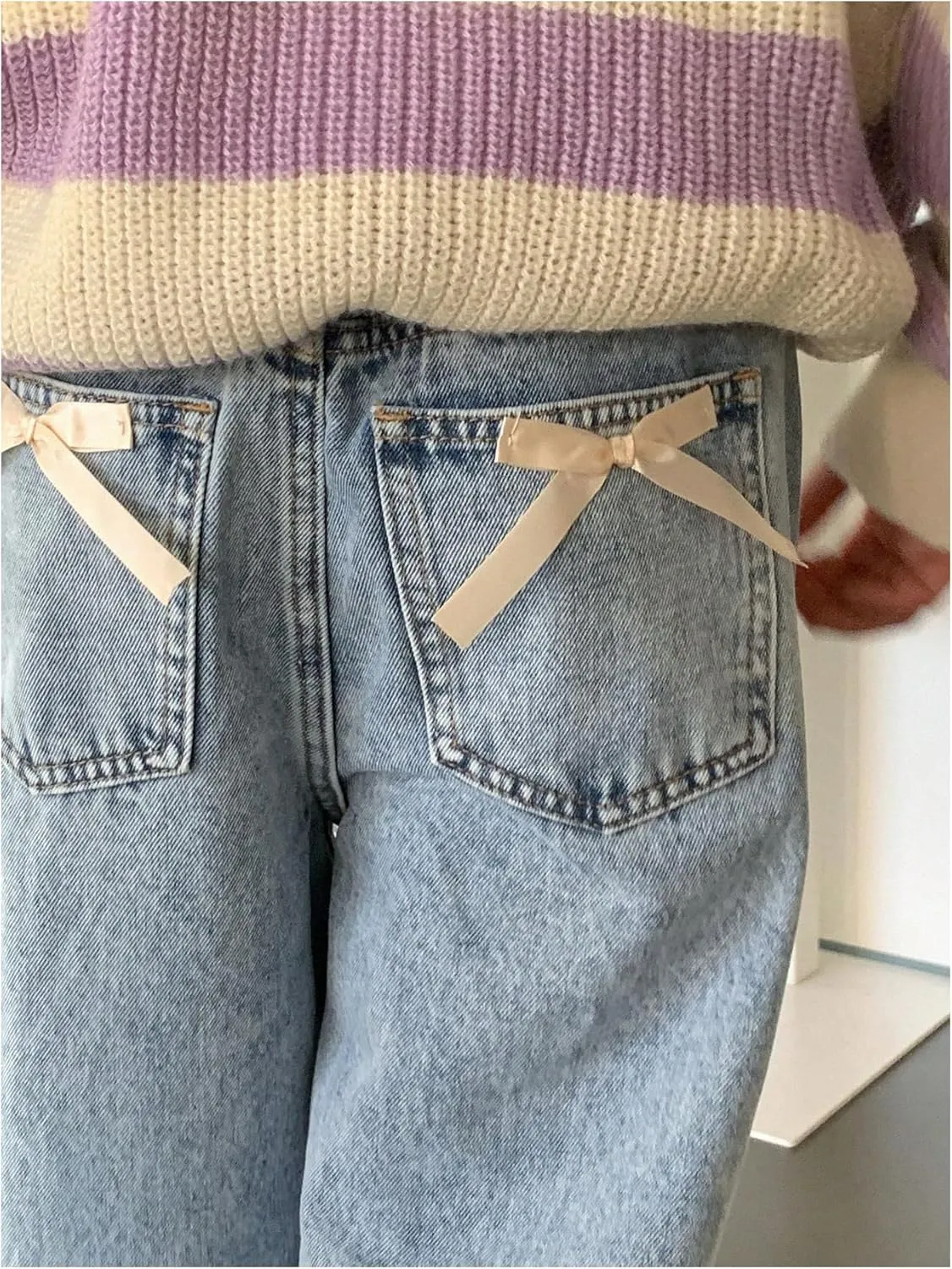 WDIRARA Girl's Bow Print Back Zipper Fly Elastic High Waist Denim Pants Basic Wide Leg Jeans