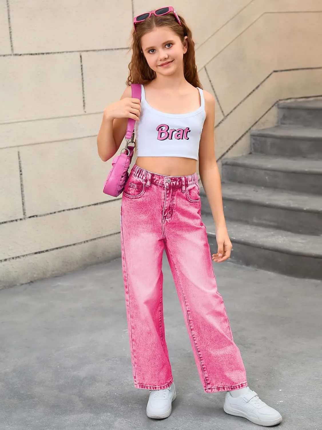 WDIRARA Girl's Bow Print Back Zipper Fly Elastic High Waist Denim Pants Basic Wide Leg Jeans