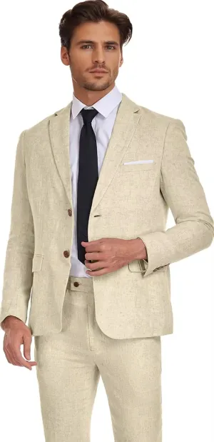 Wehilion Men's 2 Piece Linen Suits Slim Fit Casual Summer Beach Wedding Dress Tux Prom Lightweight Blazer Jacket and Pants