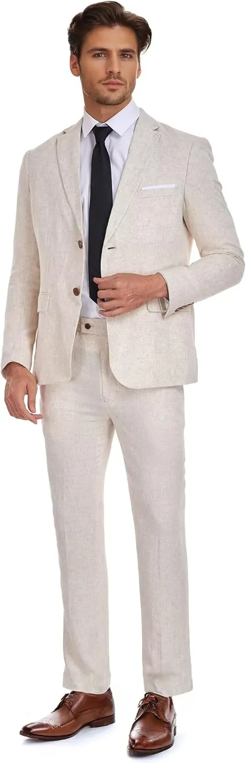 Wehilion Men's 2 Piece Linen Suits Slim Fit Casual Summer Beach Wedding Dress Tux Prom Lightweight Blazer Jacket and Pants