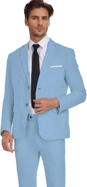 Wehilion Men's 2 Piece Linen Suits Slim Fit Casual Summer Beach Wedding Dress Tux Prom Lightweight Blazer Jacket and Pants