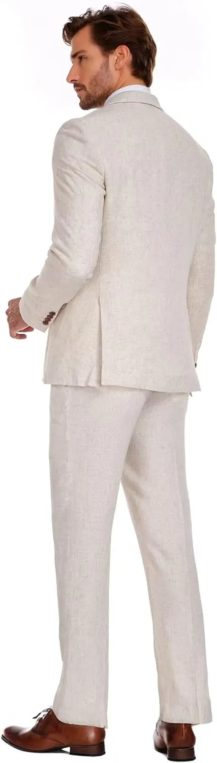 Wehilion Men's 2 Piece Linen Suits Slim Fit Casual Summer Beach Wedding Dress Tux Prom Lightweight Blazer Jacket and Pants
