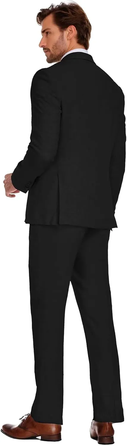 Wehilion Men's 2 Piece Linen Suits Slim Fit Casual Summer Beach Wedding Dress Tux Prom Lightweight Blazer Jacket and Pants