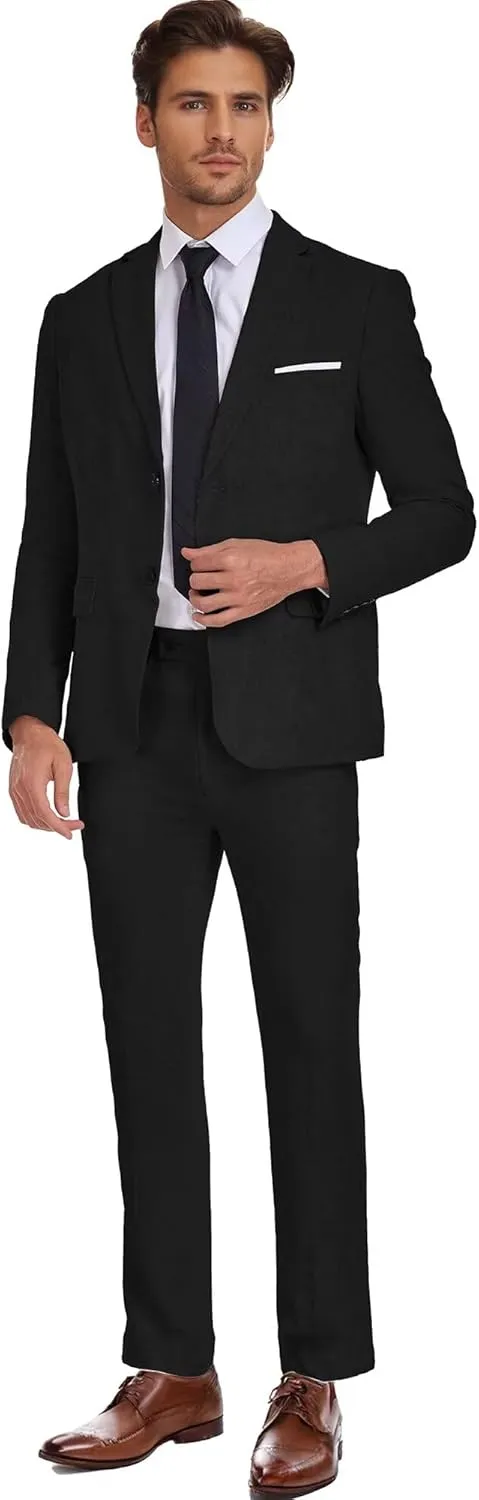 Wehilion Men's 2 Piece Linen Suits Slim Fit Casual Summer Beach Wedding Dress Tux Prom Lightweight Blazer Jacket and Pants