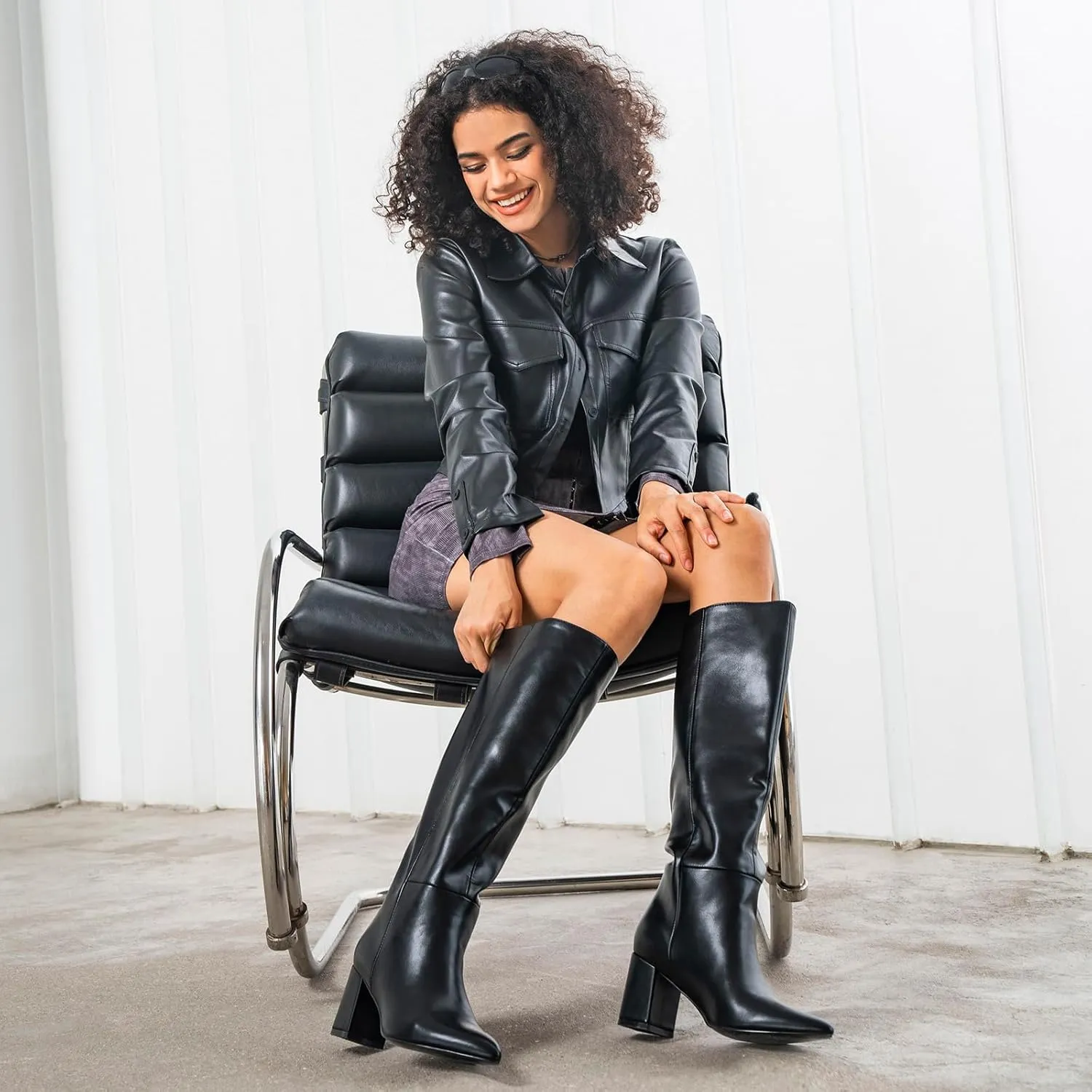 wetkiss Knee High Boots Women Chunky Heel Faux Crocodile Boots Pointed Toe Tall Pull-On Fall Long Boot