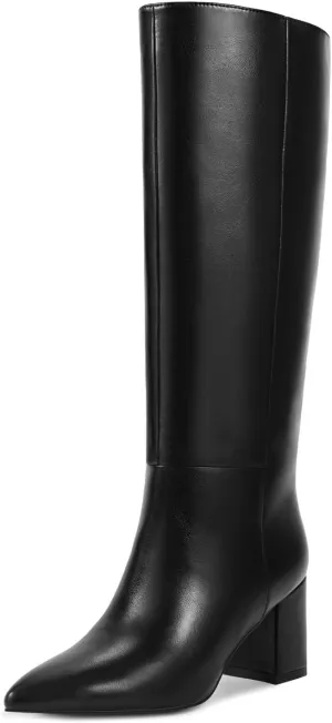 wetkiss Knee High Boots Women Chunky Heel Faux Crocodile Boots Pointed Toe Tall Pull-On Fall Long Boot