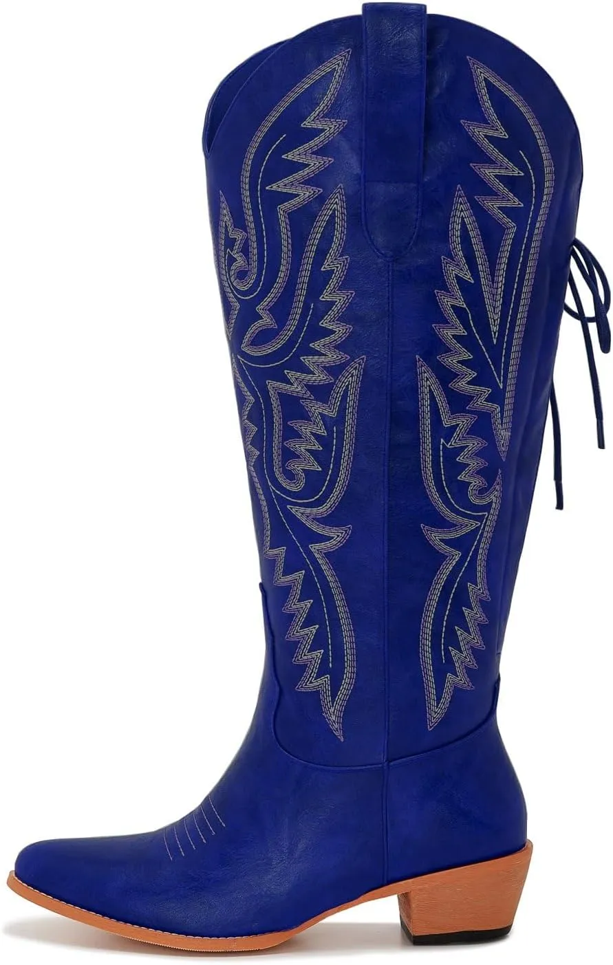 Wide Calf Cowboy Boots Women Adjustable Lace Up Knee High Tall Plus Size Cowgirl Boots Western Style Comfortable 2-Inch Heel