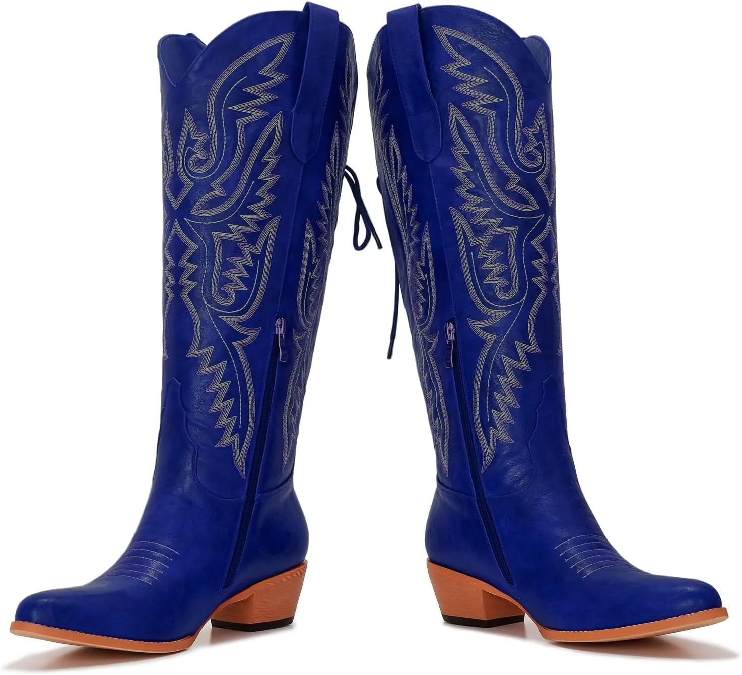 Wide Calf Cowboy Boots Women Adjustable Lace Up Knee High Tall Plus Size Cowgirl Boots Western Style Comfortable 2-Inch Heel