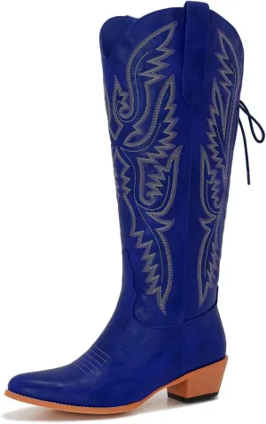 Wide Calf Cowboy Boots Women Adjustable Lace Up Knee High Tall Plus Size Cowgirl Boots Western Style Comfortable 2-Inch Heel