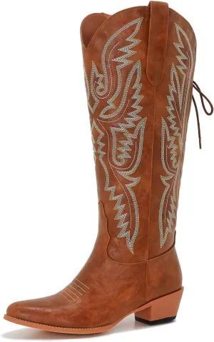 Wide Calf Cowboy Boots Women Adjustable Lace Up Knee High Tall Plus Size Cowgirl Boots Western Style Comfortable 2-Inch Heel
