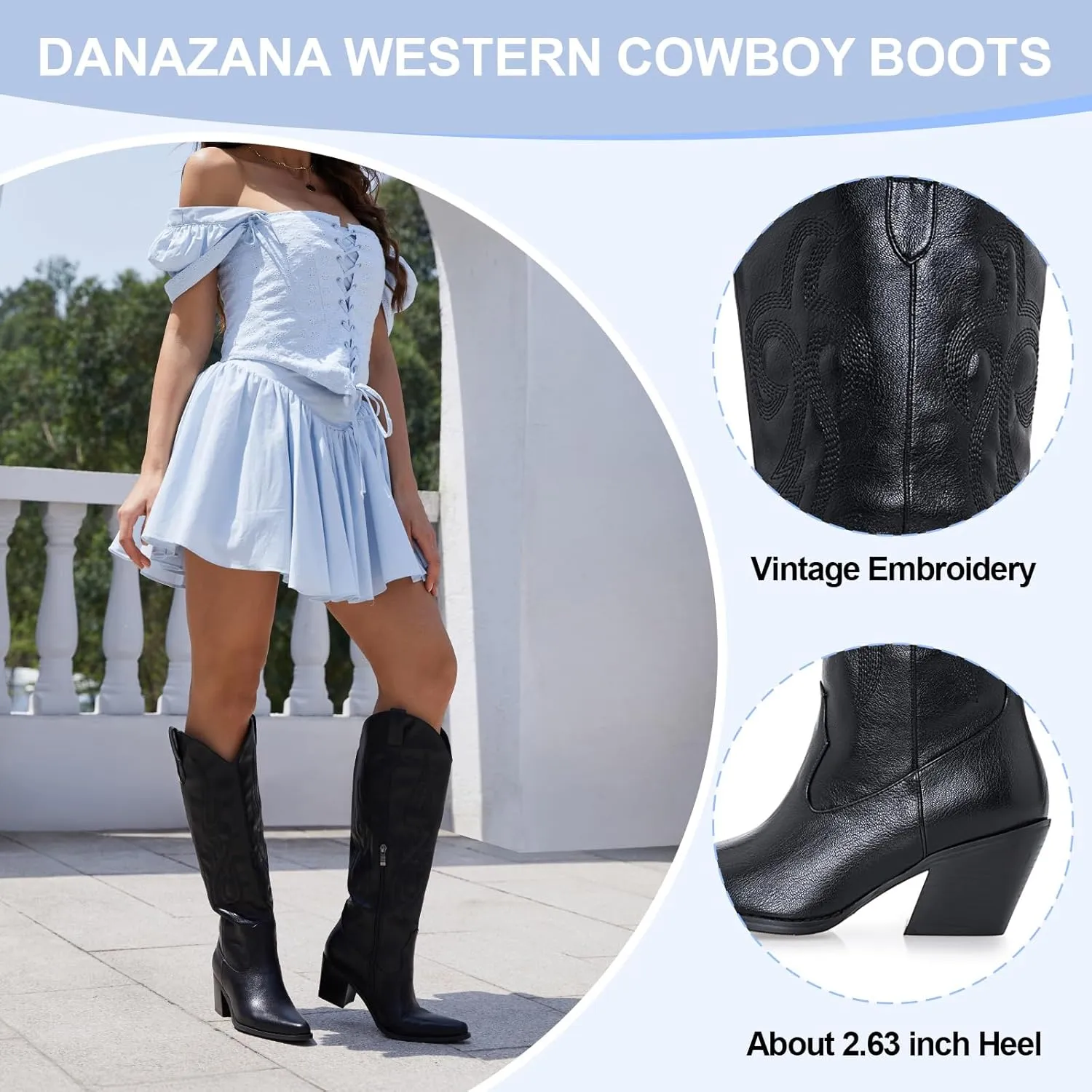 Wide Calf Cowgirl Boots For Women Knee High Cowboy Boots Pointed Toe Chunky Heel Boot Ladies Western Boots With Classic Embroidery and Side Zipper Classic Retro Country Boots For Lady Size 6-11