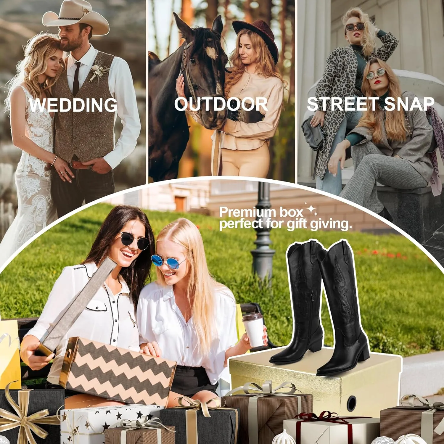 Wide Calf Cowgirl Boots For Women Knee High Cowboy Boots Pointed Toe Chunky Heel Boot Ladies Western Boots With Classic Embroidery and Side Zipper Classic Retro Country Boots For Lady Size 6-11