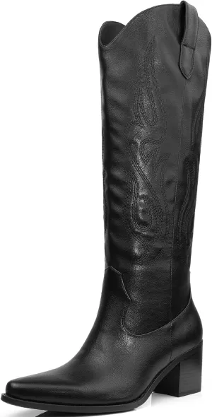 Wide Calf Cowgirl Boots For Women Knee High Cowboy Boots Pointed Toe Chunky Heel Boot Ladies Western Boots With Classic Embroidery and Side Zipper Classic Retro Country Boots For Lady Size 6-11