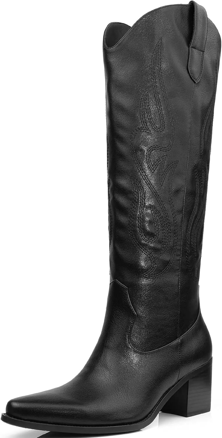 Wide Calf Cowgirl Boots For Women Knee High Cowboy Boots Pointed Toe Chunky Heel Boot Ladies Western Boots With Classic Embroidery and Side Zipper Classic Retro Country Boots For Lady Size 6-11