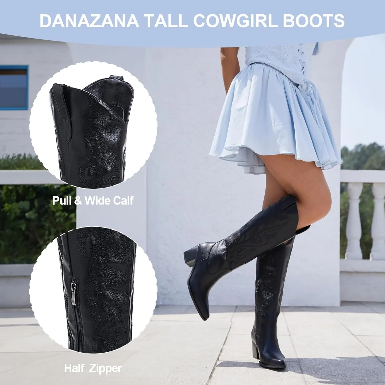 Wide Calf Cowgirl Boots For Women Knee High Cowboy Boots Pointed Toe Chunky Heel Boot Ladies Western Boots With Classic Embroidery and Side Zipper Classic Retro Country Boots For Lady Size 6-11