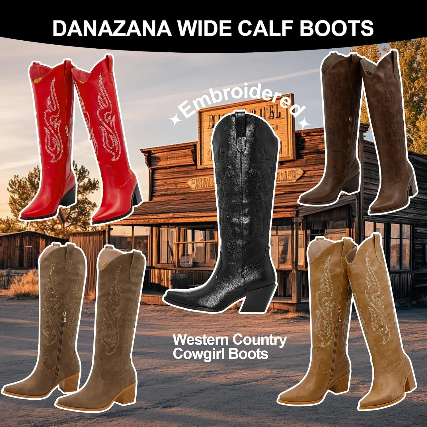 Wide Calf Cowgirl Boots For Women Knee High Cowboy Boots Pointed Toe Chunky Heel Boot Ladies Western Boots With Classic Embroidery and Side Zipper Classic Retro Country Boots For Lady Size 6-11