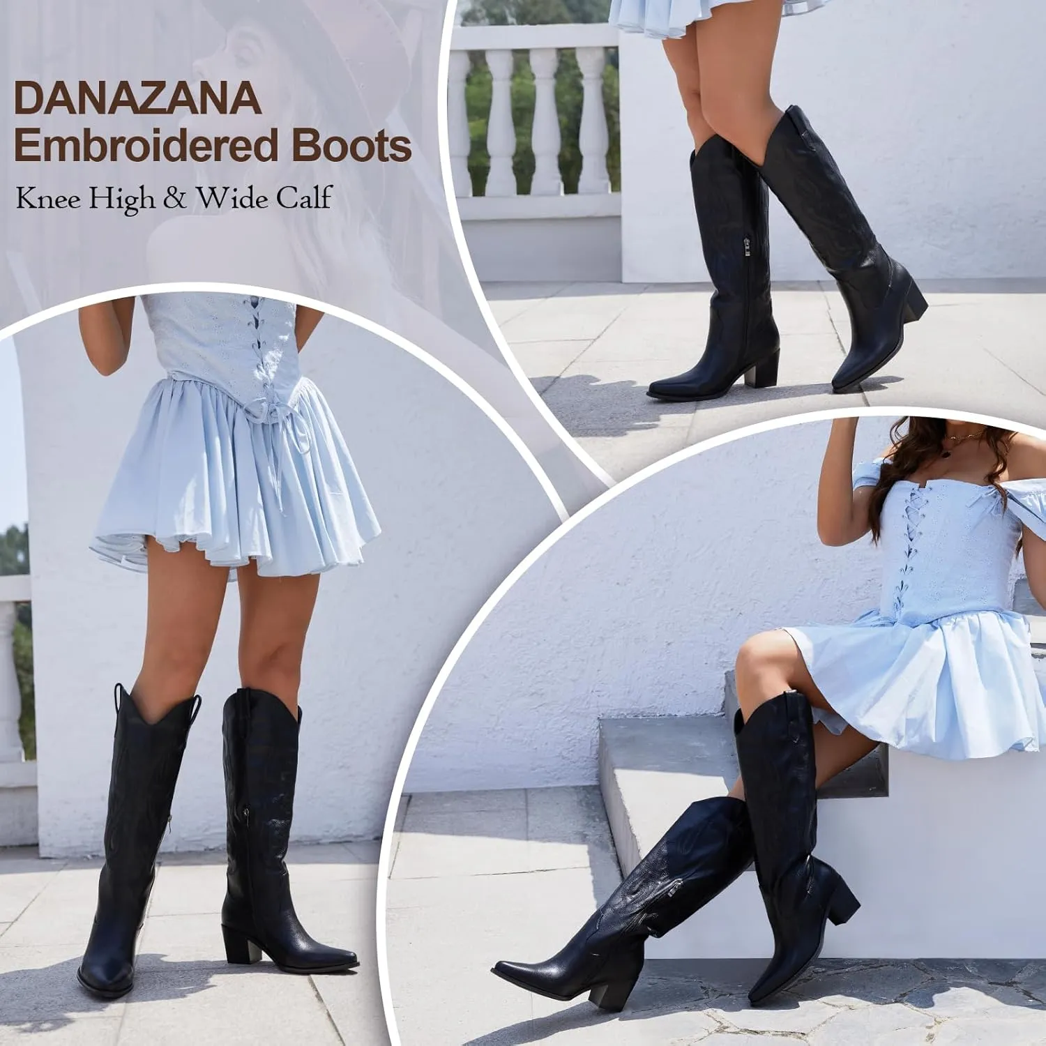Wide Calf Cowgirl Boots For Women Knee High Cowboy Boots Pointed Toe Chunky Heel Boot Ladies Western Boots With Classic Embroidery and Side Zipper Classic Retro Country Boots For Lady Size 6-11