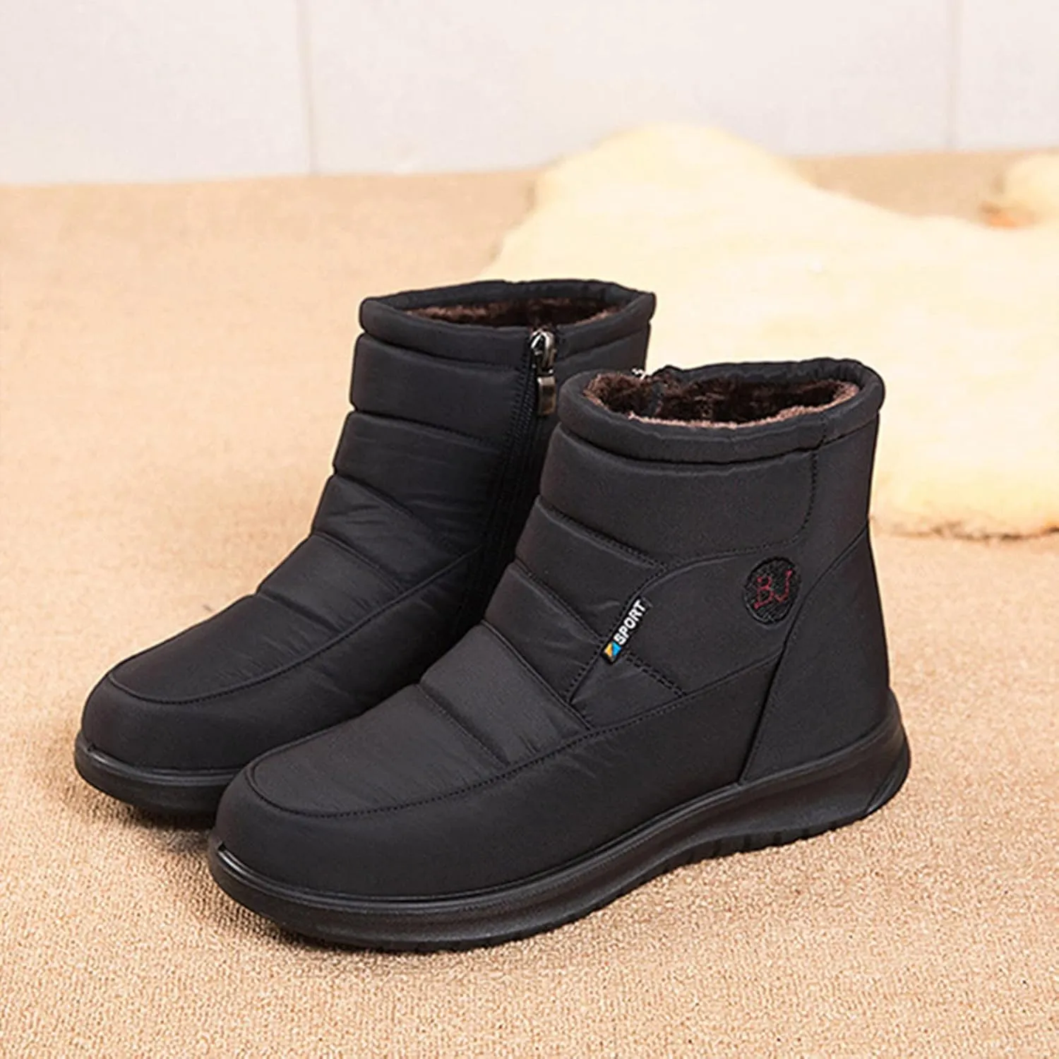 Winter Shoes Womens Ankle Boots Ladies Snow Boots Winter Warm Fur Lined Booties Thickening Zip Flat Outdoor Booties Anti-slip