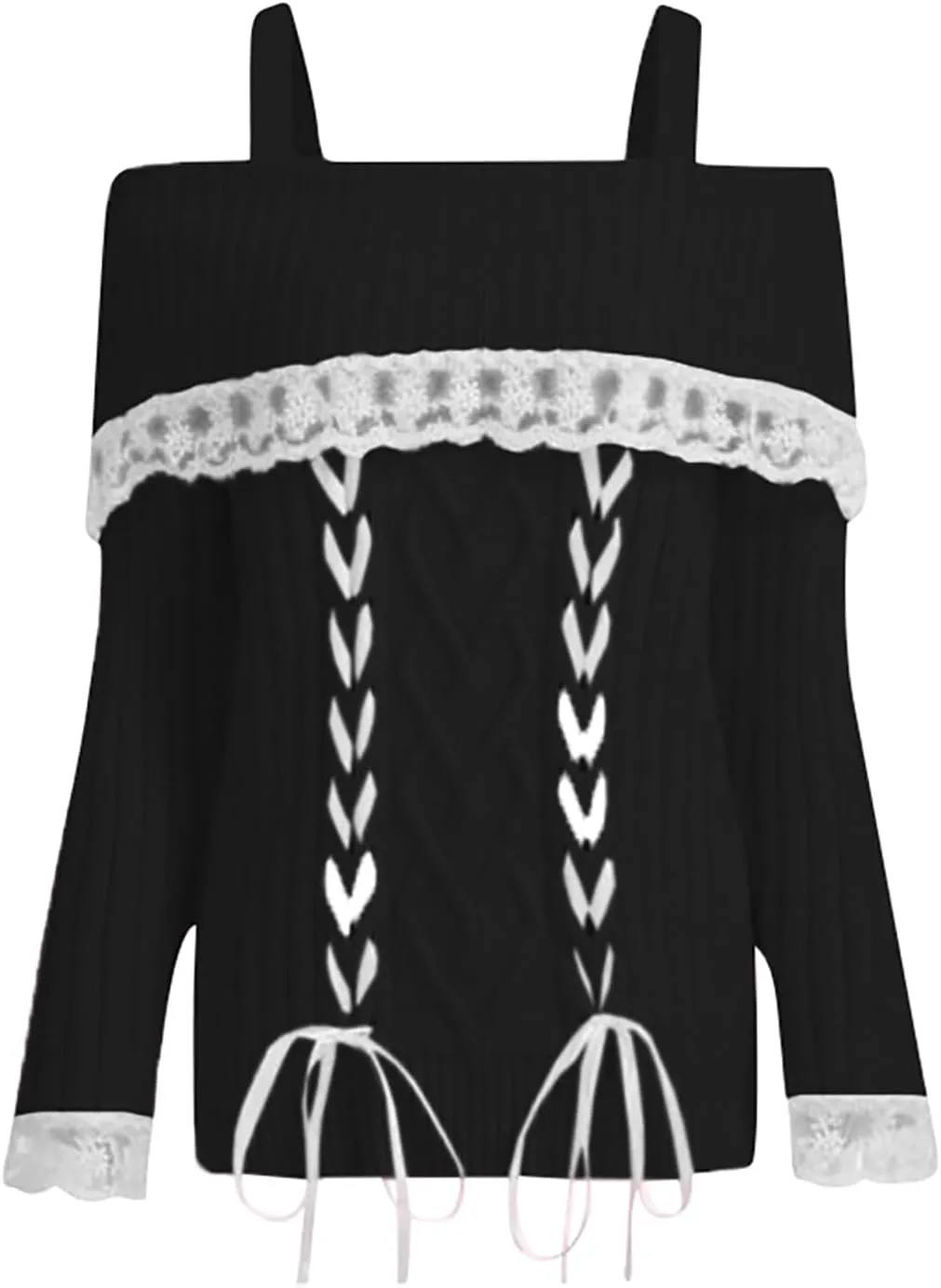 Women Off Shoulder Sweater Top Y2K Aesthetic Long Sleeve Lace Trim Knit Pullover Sweater Cutecore Kawaii Clothes