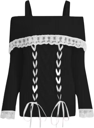 Women Off Shoulder Sweater Top Y2K Aesthetic Long Sleeve Lace Trim Knit Pullover Sweater Cutecore Kawaii Clothes
