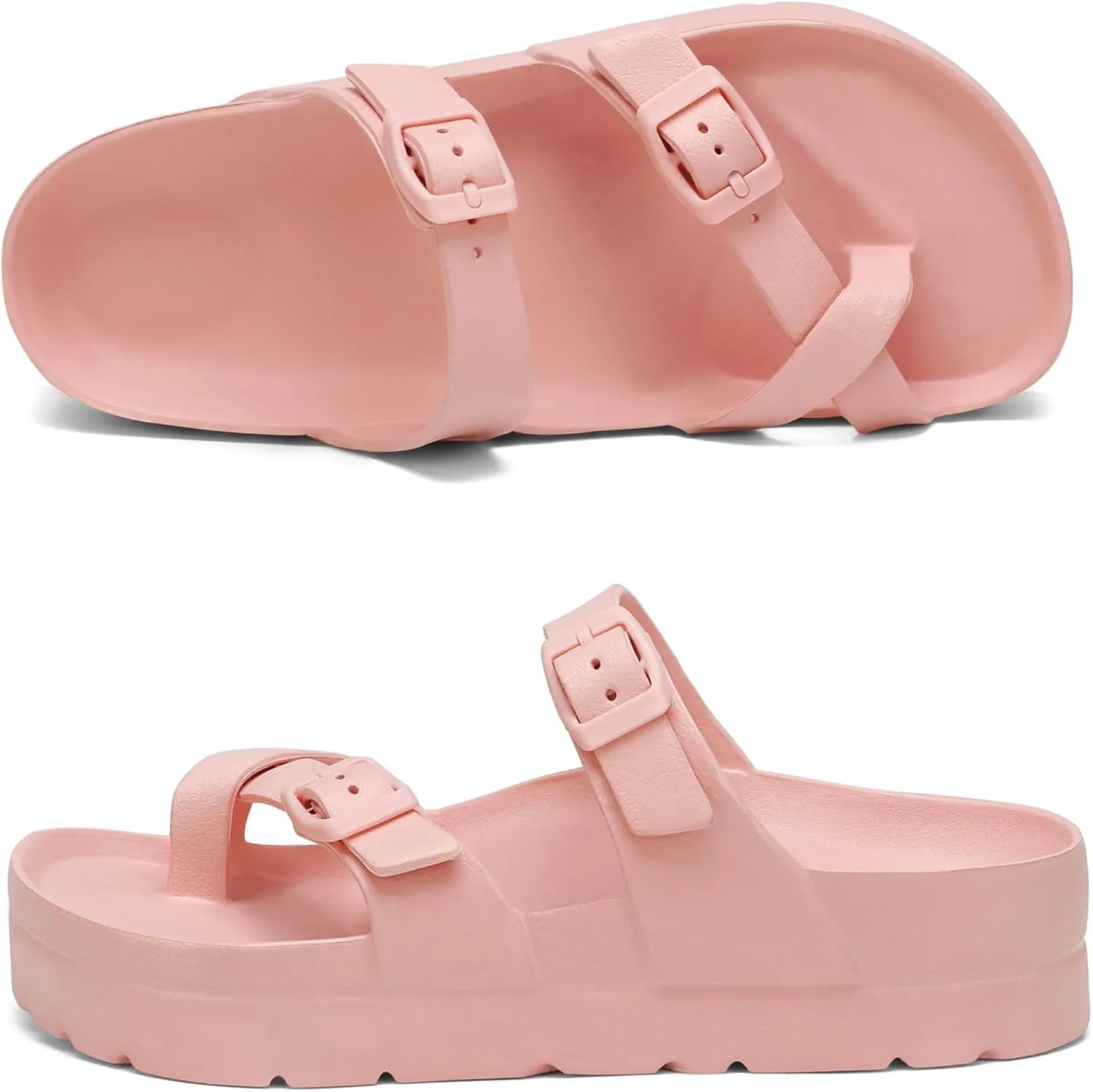 Womens Arch Support Platform Sandals Comfort Slides Thick Soles Flat Sandals With Adjustable Buckle & Ultra Cushion