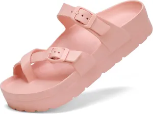Womens Arch Support Platform Sandals Comfort Slides Thick Soles Flat Sandals With Adjustable Buckle & Ultra Cushion