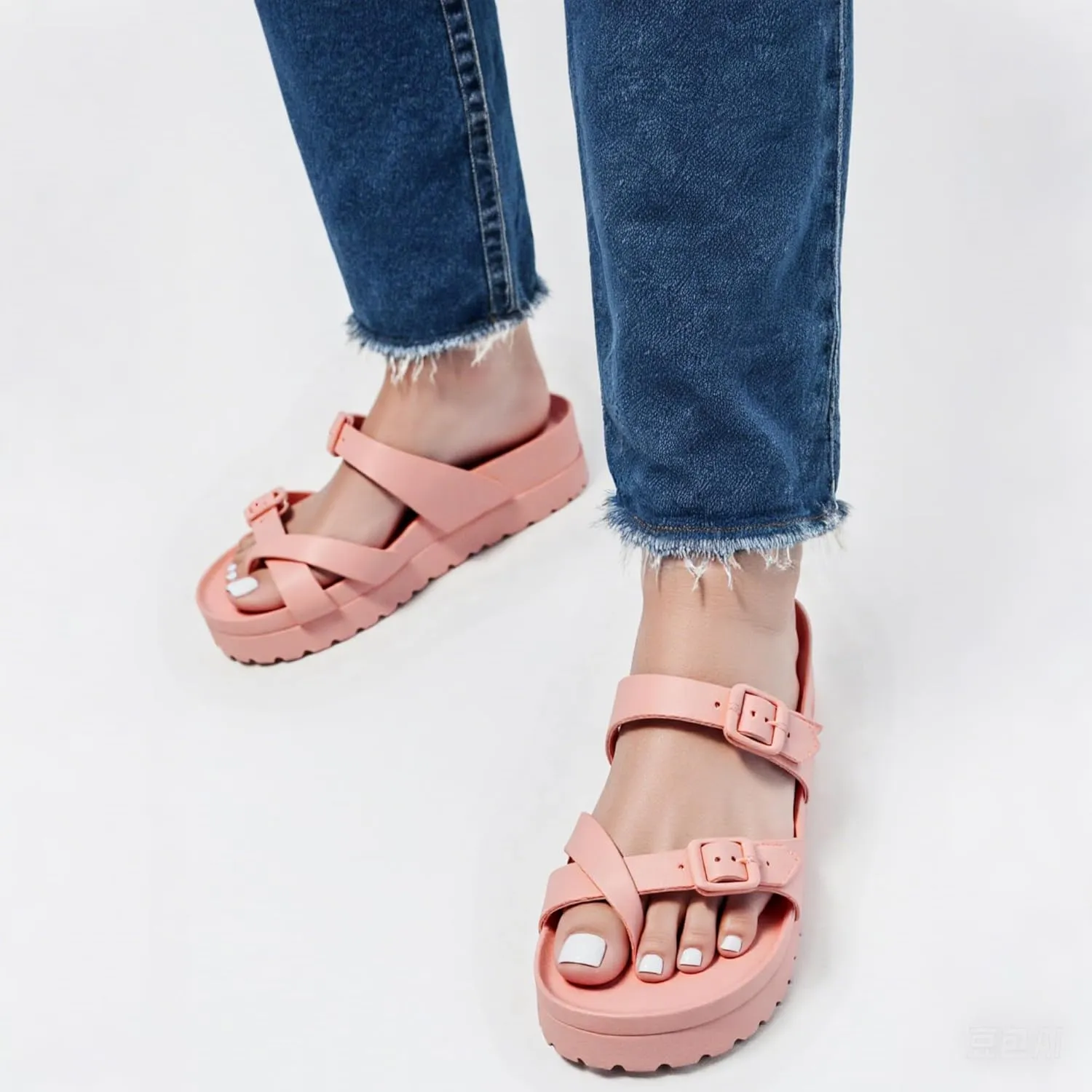 Womens Arch Support Platform Sandals Comfort Slides Thick Soles Flat Sandals With Adjustable Buckle & Ultra Cushion