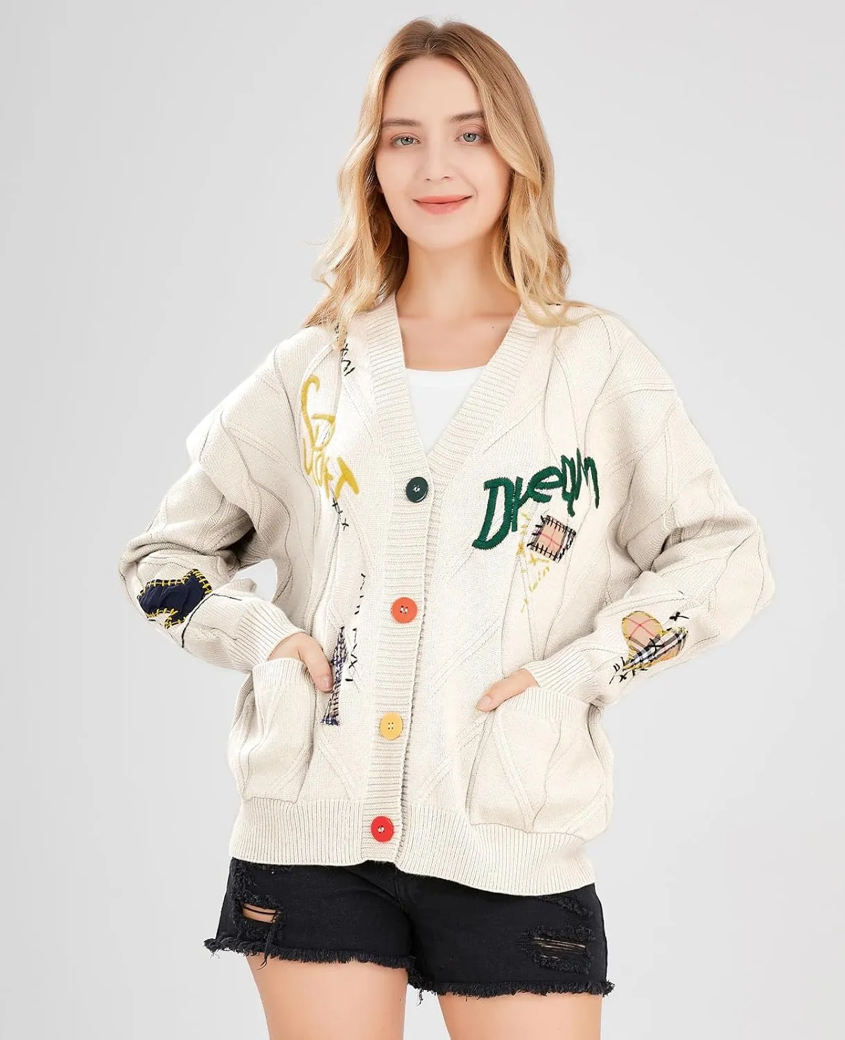 Women's Cable Knit Long Sleeve Open Front Cardigan Sheep V-Neck Button Down Embroidery Wool Blend Sweater Coat Outwear