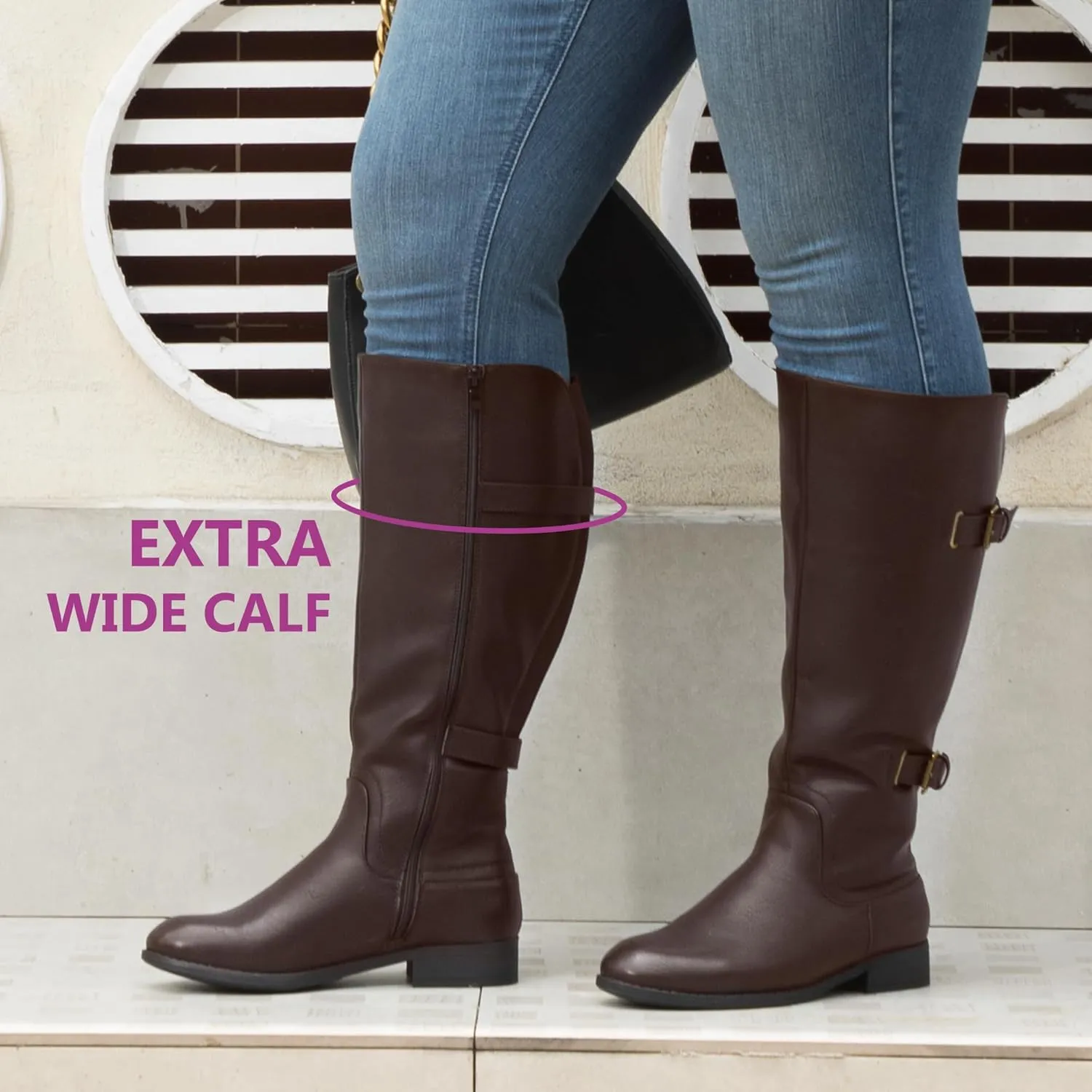 Women's Classic Extra Wide Calf Flat Heel Double Buckle Back Stretch Knee High Boots