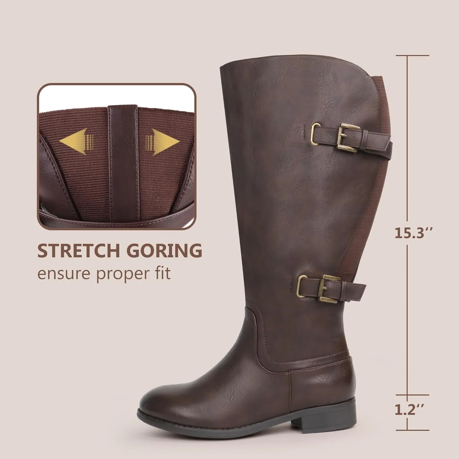 Women's Classic Extra Wide Calf Flat Heel Double Buckle Back Stretch Knee High Boots