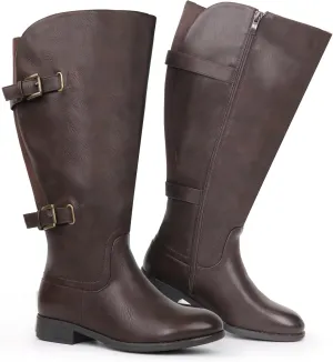 Women's Classic Extra Wide Calf Flat Heel Double Buckle Back Stretch Knee High Boots