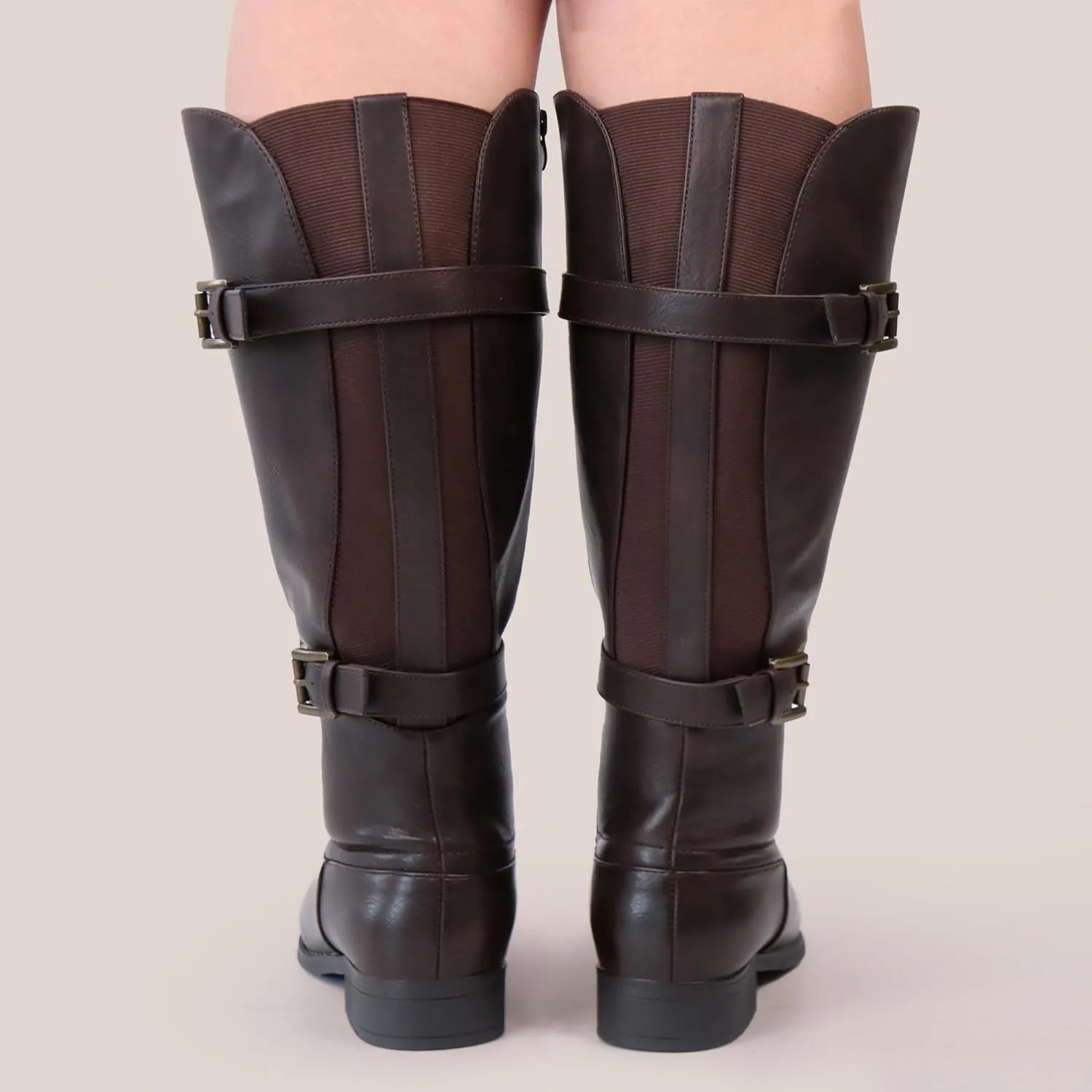 Women's Classic Extra Wide Calf Flat Heel Double Buckle Back Stretch Knee High Boots