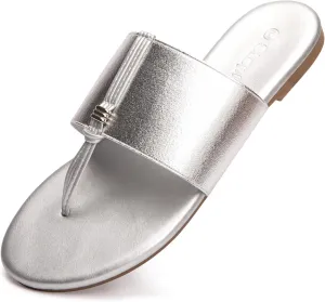 Women's Elastic T-Strap Sandals - Comfortable Slip-On Summer Flats, Stretchy Slide Sandals for Walking, Beach, and Casual Wear