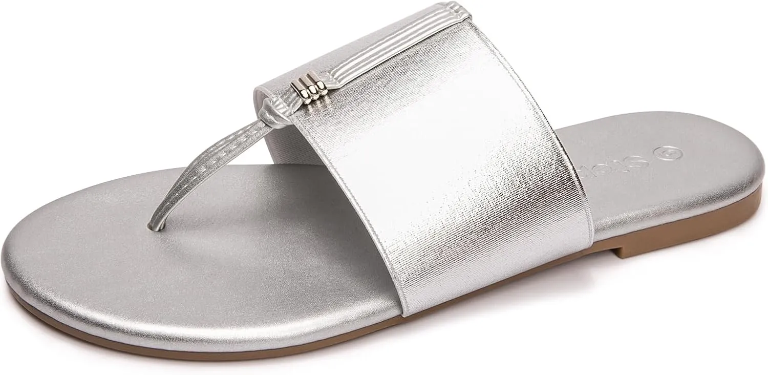 Women's Elastic T-Strap Sandals - Comfortable Slip-On Summer Flats, Stretchy Slide Sandals for Walking, Beach, and Casual Wear