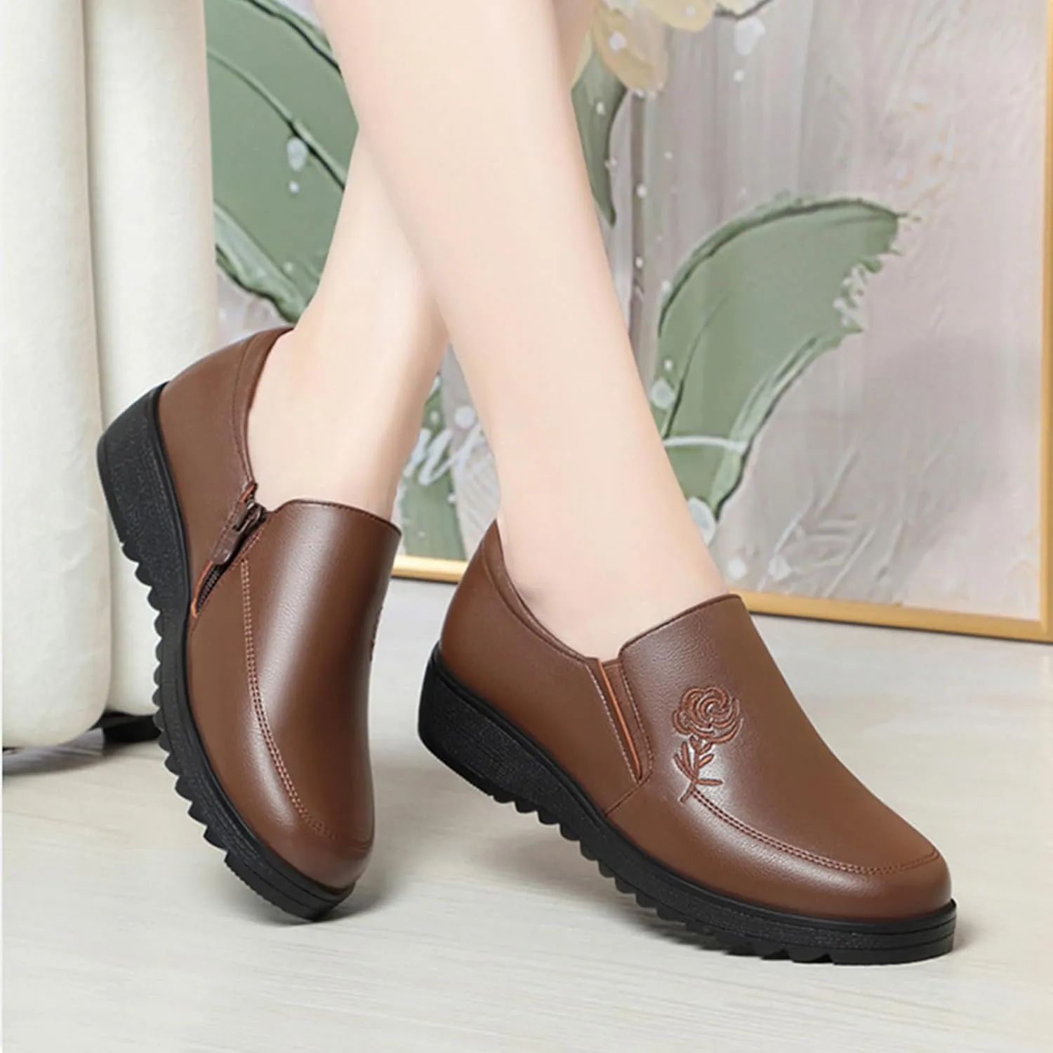 Women's Embroidery Leather Anti-Slip Slip-On Loafers,Comfortable Round Toe Lug Sole Walking Shoes with Side Zip, Casual Lightweight Soft Sole Work Nurse Shoes