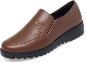 Women's Embroidery Leather Anti-Slip Slip-On Loafers,Comfortable Round Toe Lug Sole Walking Shoes with Side Zip, Casual Lightweight Soft Sole Work Nurse Shoes