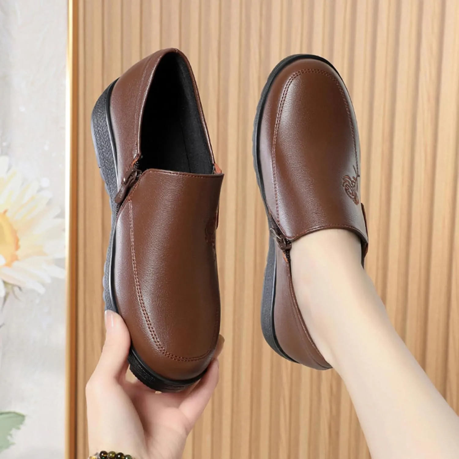 Women's Embroidery Leather Anti-Slip Slip-On Loafers,Comfortable Round Toe Lug Sole Walking Shoes with Side Zip, Casual Lightweight Soft Sole Work Nurse Shoes