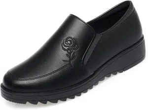 Women's Embroidery Leather Anti-Slip Slip-On Loafers,Comfortable Round Toe Lug Sole Walking Shoes with Side Zip, Casual Lightweight Soft Sole Work Nurse Shoes