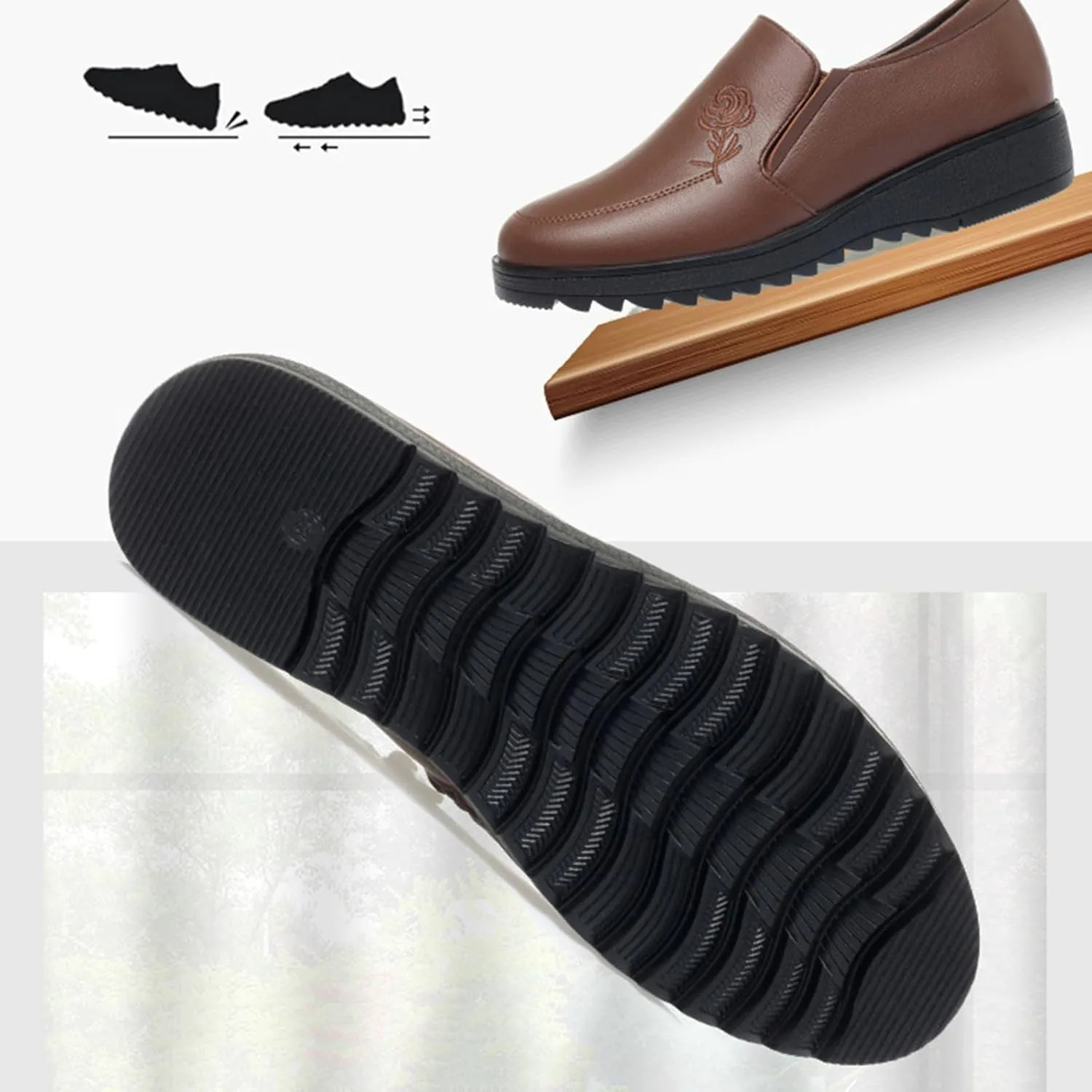 Women's Embroidery Leather Anti-Slip Slip-On Loafers,Comfortable Round Toe Lug Sole Walking Shoes with Side Zip, Casual Lightweight Soft Sole Work Nurse Shoes