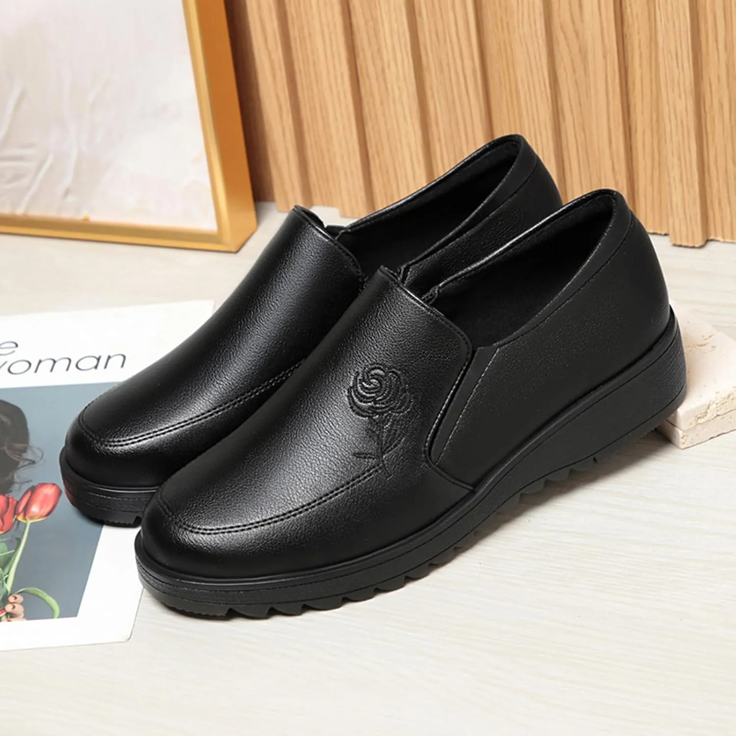Women's Embroidery Leather Anti-Slip Slip-On Loafers,Comfortable Round Toe Lug Sole Walking Shoes with Side Zip, Casual Lightweight Soft Sole Work Nurse Shoes