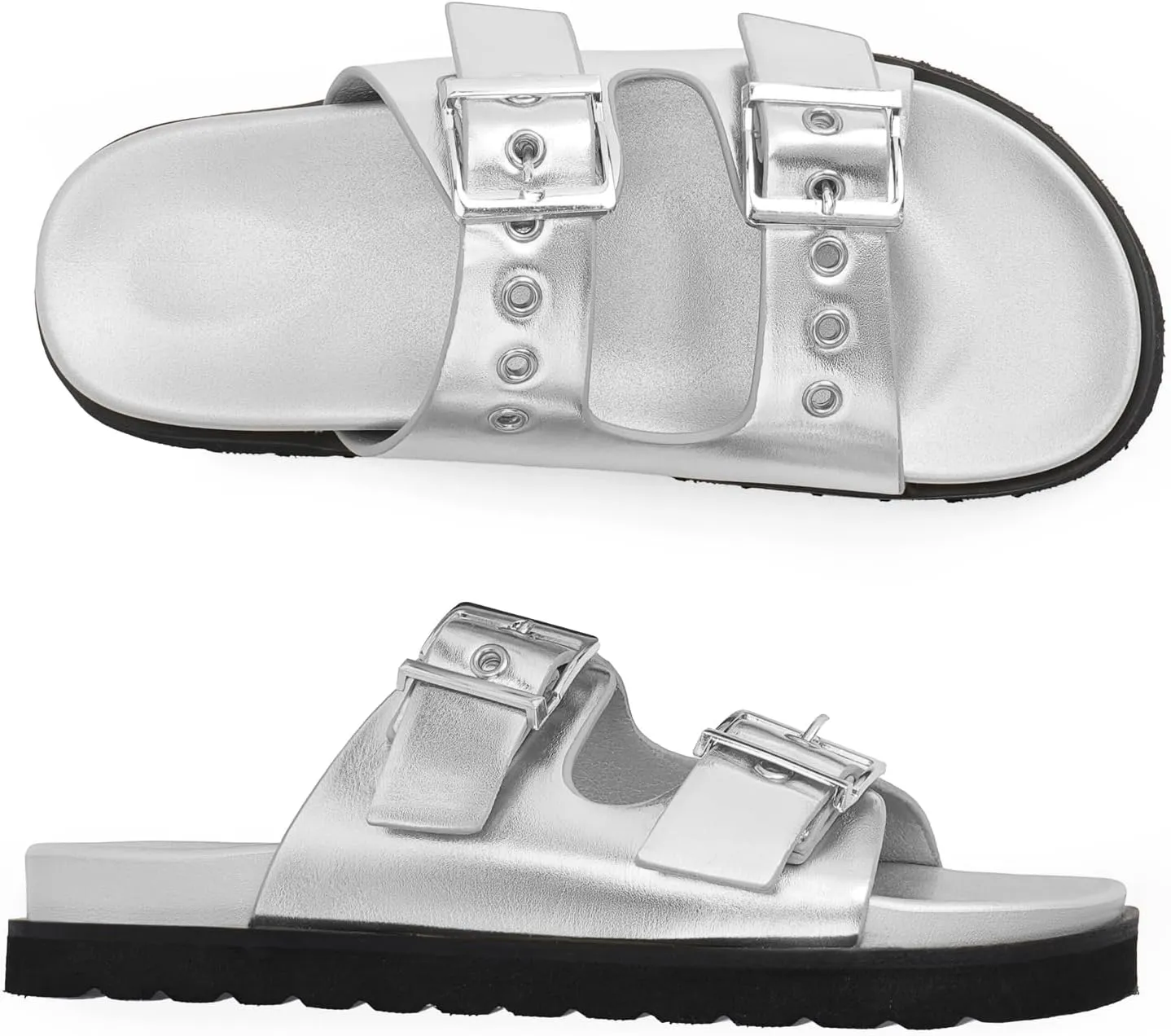 Womens Flat Slide Sandals Double Buckle Adjustable Flat Sandals Slip On Platform Sandals Open Toe Summer Sandals