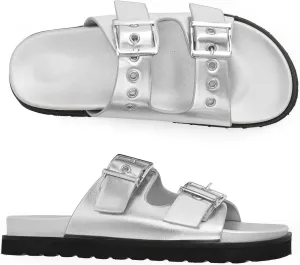 Womens Flat Slide Sandals Double Buckle Adjustable Flat Sandals Slip On Platform Sandals Open Toe Summer Sandals