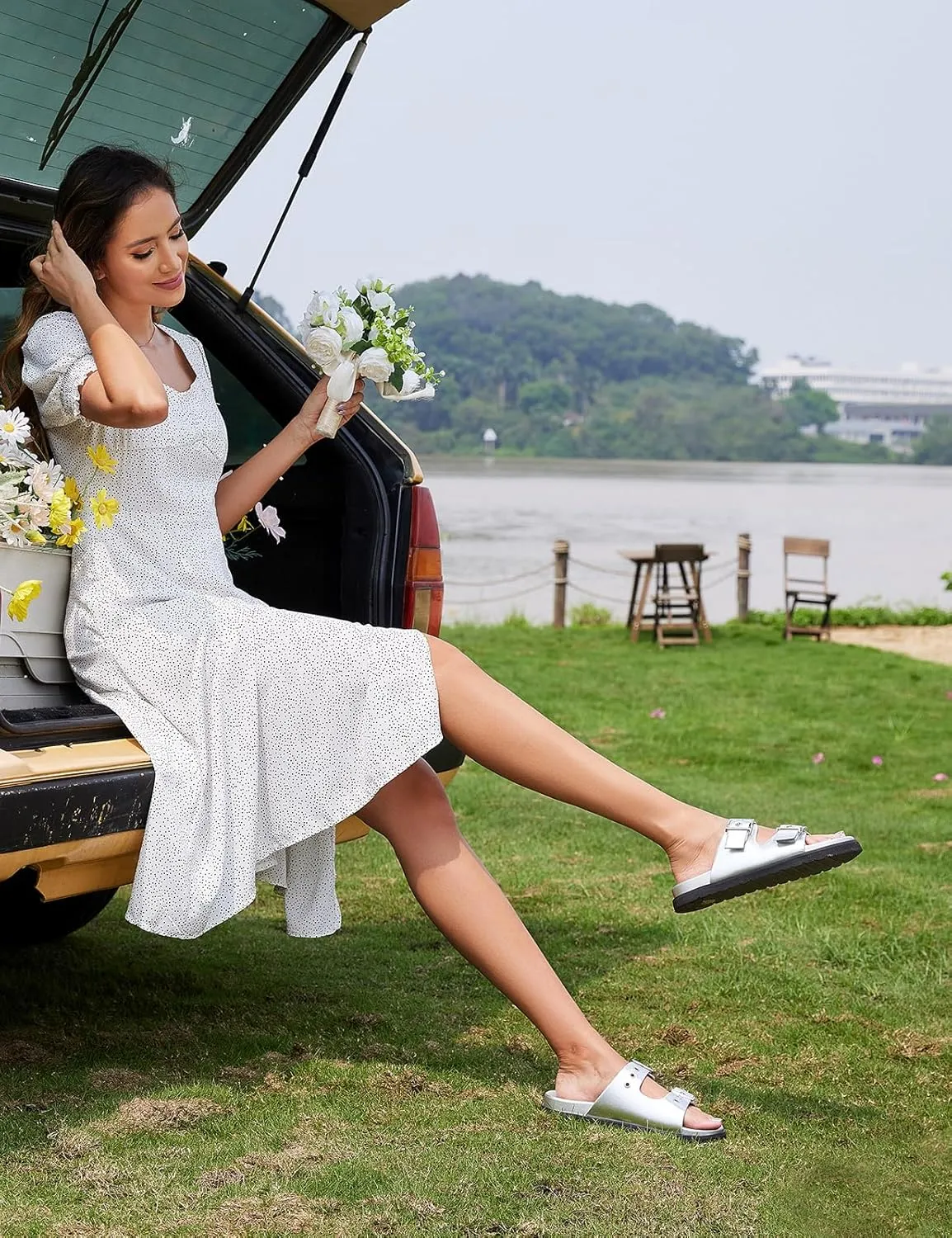 Womens Flat Slide Sandals Double Buckle Adjustable Flat Sandals Slip On Platform Sandals Open Toe Summer Sandals