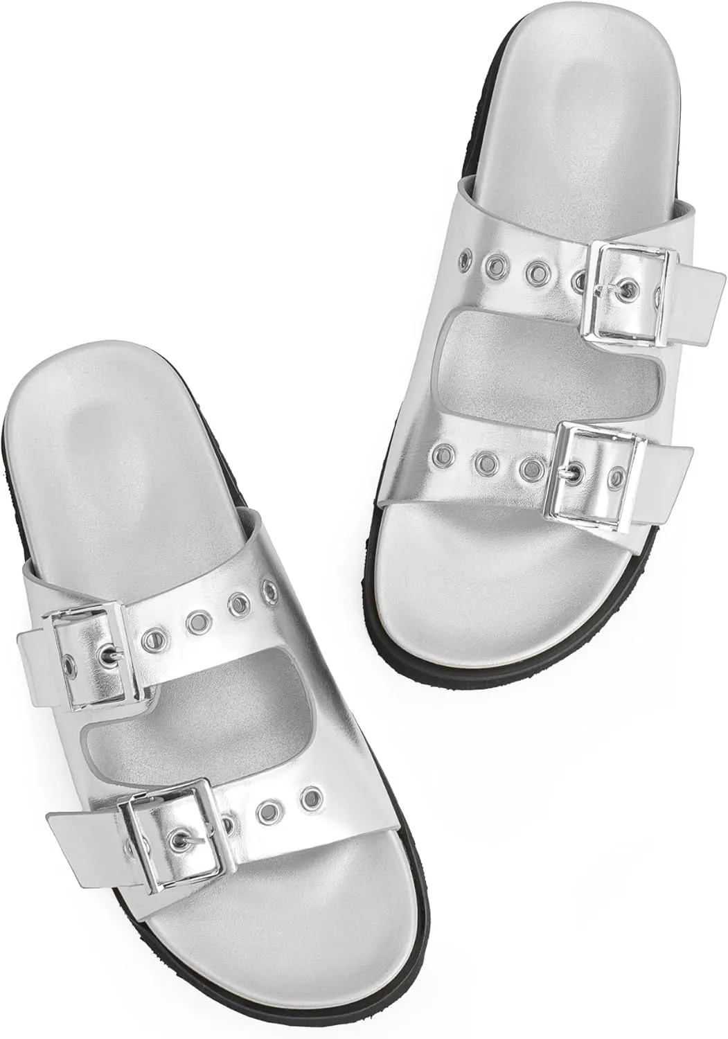 Womens Flat Slide Sandals Double Buckle Adjustable Flat Sandals Slip On Platform Sandals Open Toe Summer Sandals