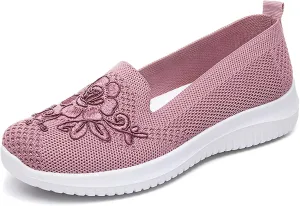 Women's Floral Embroidery Slip-On Knitted Loafers Breathable Mesh Comfortable Non-Slip Flat Walking Shoes Soft Sole Casual Sneakers Shoes